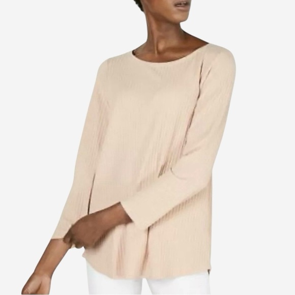 Eileen Fisher Tencel Stretch Rib Bracelet Sleeve Top Size Large Dune - Picture 6 of 10